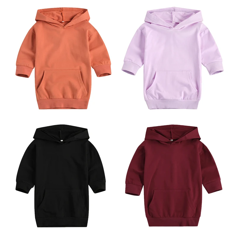 

Autumn Fashion Kids Girls Hoodies Dress Outfits 1-5Y Solid Pullover Pocket Long Length Straight Dress 4 Colors
