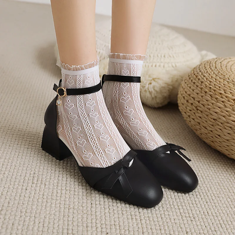 

Spring And Summer New Hollow Shoes Single Shoes Thick With Bow Metal Buckle Women's Shoes Deep Khaki Sweet And Cute High Heels