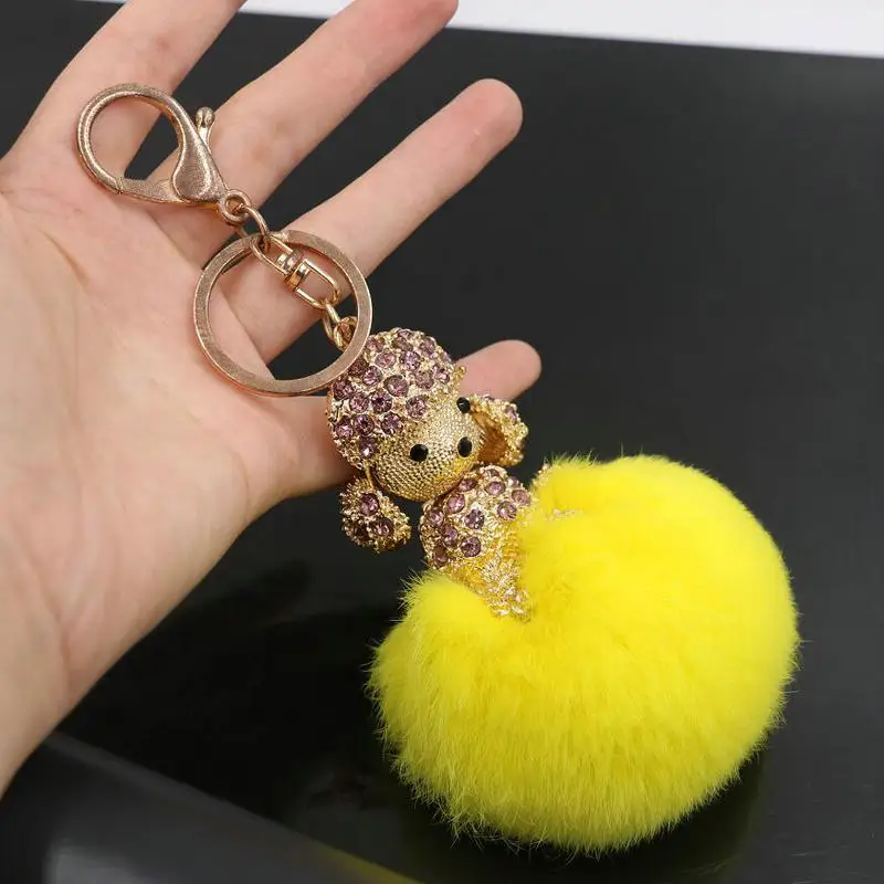 Fluffy Women Key Chains Animal Dog Pendant Real Rabbit Fur KeyChain Gold Color Cute Zircon Trinket Accessories Girl Gift | Украшения и