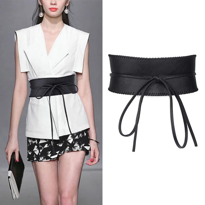 

Пояс-корсет Женский, широкий, из искусственной кожи, на шнуровке, с черным бантом, 2020