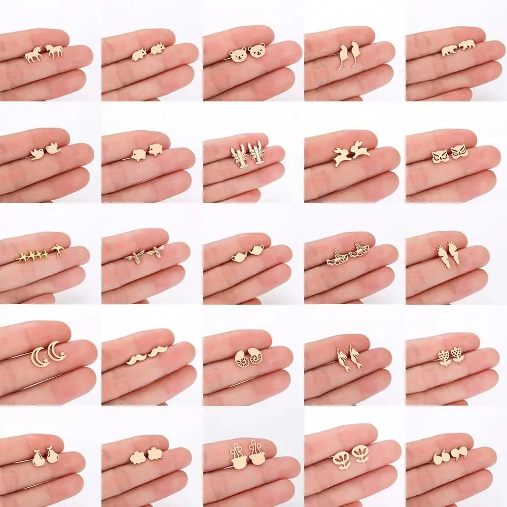 QIAMNI милые серьги гвоздики в виде свиньи медведя пчелы кролика единорога птицы