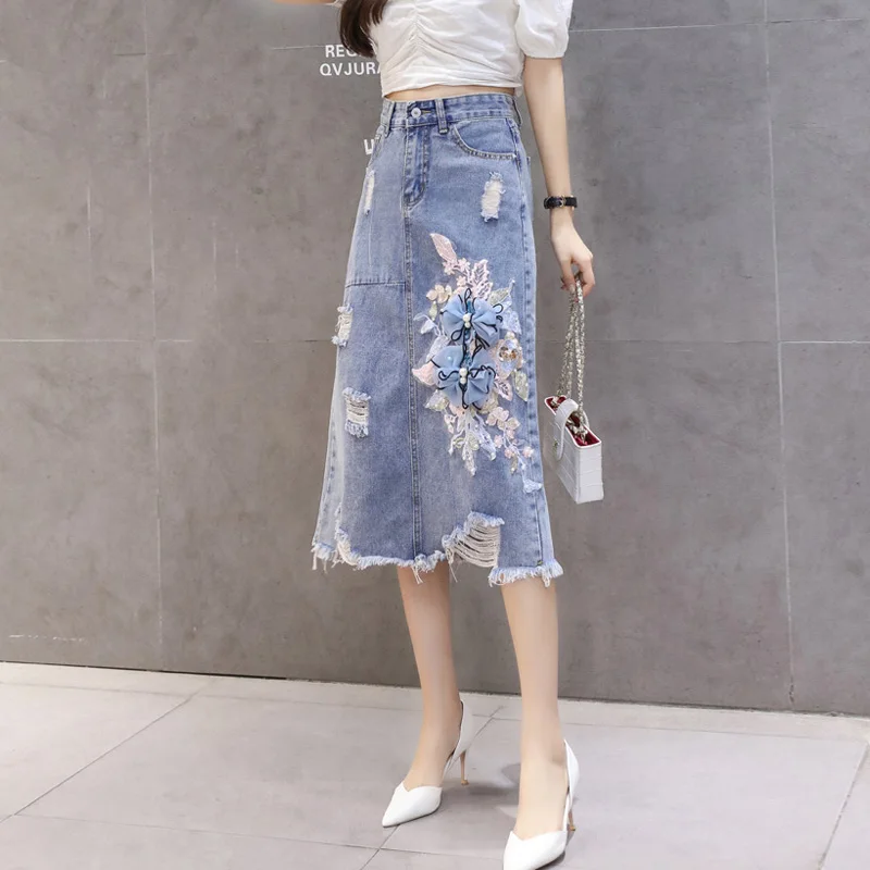 Высококачественная модная летняя джинсовая юбка с жемчужинами и бисером