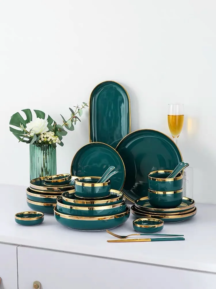 

Green Porcelain Dinner Plates Dishes with Golden Rim Ceramic Cake Food Steak Plate Salad Soup Bowl Dinnerware Set for Restaurant