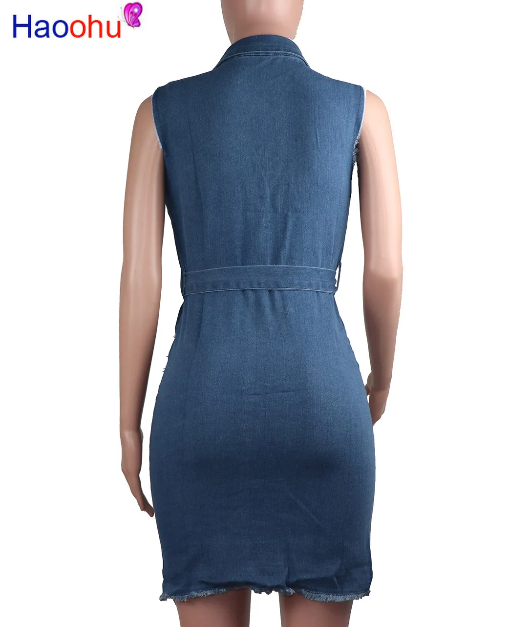 

HAOOHU Turn-down Collar Denim Dress Sexy Style Women Sleeveless Bodycon Dresses Pencil Vintage Robe With Sash Vestido Plus size