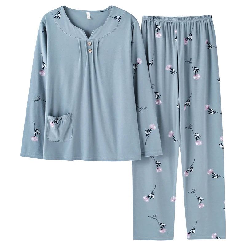 Осенний вязаный хлопковый женский пижамный комплект с принтом тонкая Пижама Mujer
