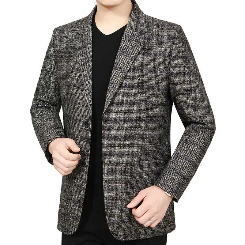 

Мужской элегантный шерстяной Блейзер, желтая, синяя шерстяная куртка в клетку с узором, костюмы, деловые повседневные Пиджаки с отложным во...