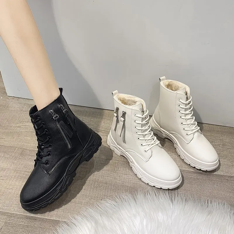 NEW Boots 2020 Beige Black Leather Boots Female Women Shoes Plush Martin Boots Women Fashion and Keep Warm Winter Boots Women