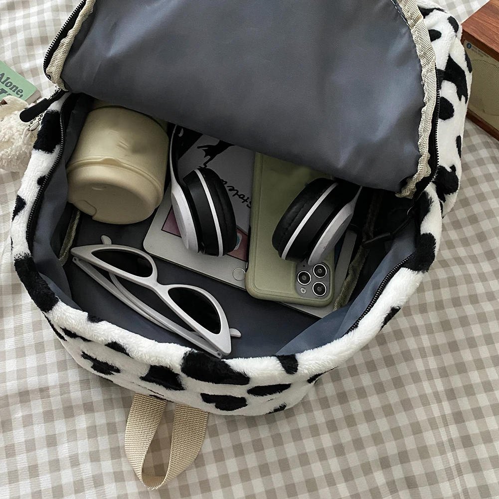 

Vintage Women Animal Cow Pattern School Bags Casual Soft Plush Student Backpack Fashion Large Capacity Street Travel Bagpacks