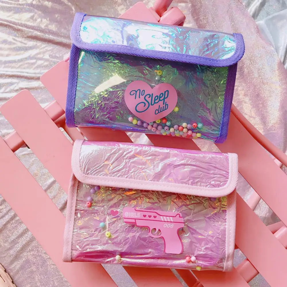 

Japanese Sweet Lovely Pink Tender Folding Cosmetic Bag Multi-functional Wash Bag Laser Makeup Brush Storage Organizer For Girls