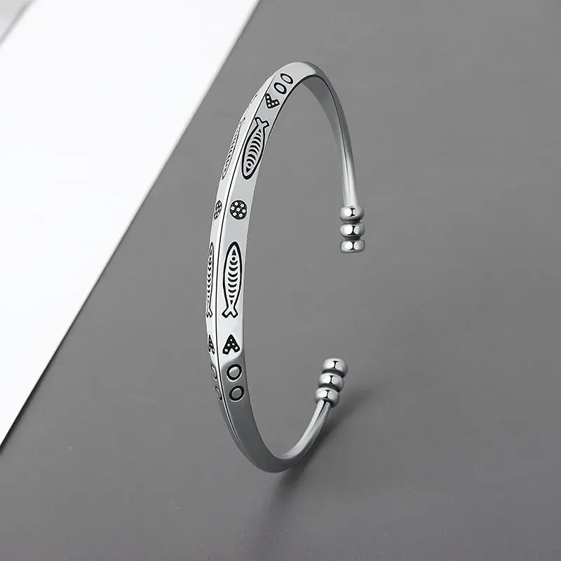 925 Sterling Silver Female Ethnic Bangle Exquisite Pattern Excellent Gray Simple Bangle for Woman Girl Fashion Jewelry Bracelets