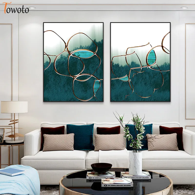 Изумрудная зеленая абстрактная Золотая живопись Большой размер плакат печать