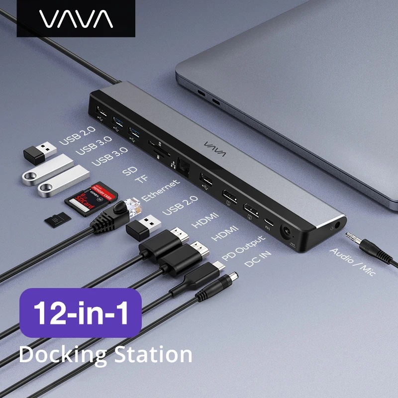 

VAVA USB 3.0 C Docking Station 12-in-1 Type C Hub with Dual 4K HDMI Adapter Splitte for MacBook / Pro/Air Laptops Tablets