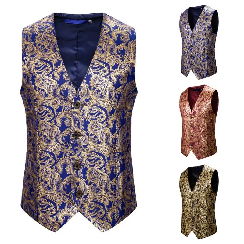 

Waistcoats & Vests Man Bronzed Cashew printed Suit Vests V collar Men's Blazers Party Black Red Blue New