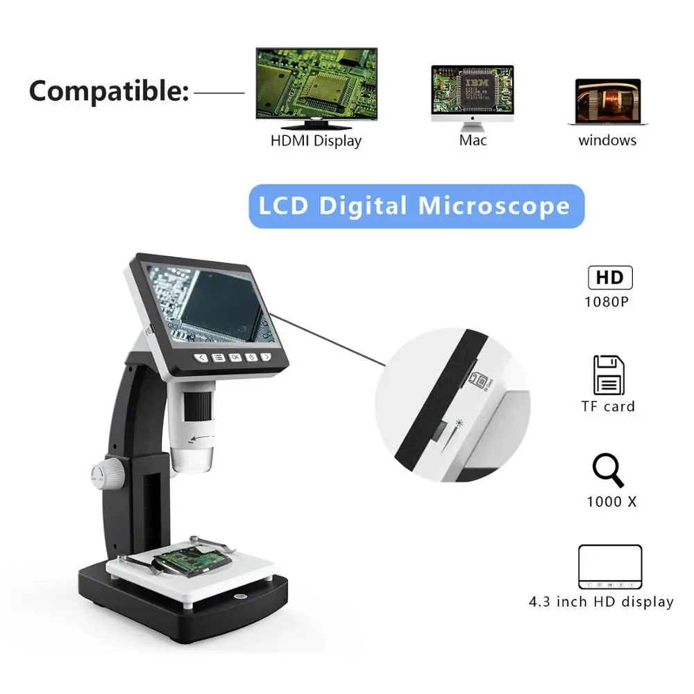 

1000x digital microscope electronic video microscope 4.3 inch HD LCD display soldering microscope phone repair Magnifier