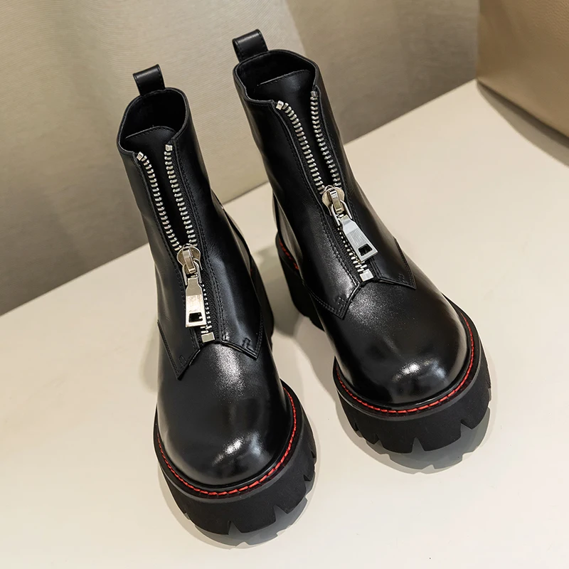 Женские ботинки; ботинки из натуральной кожи; черные ботинки Martens; женские ботильоны; мотоботы; зимняя обувь на платформе и толстом каблуке