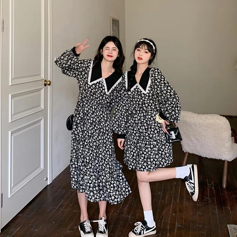 

Sister Fara Fashion Print Floral Long Short Women's Dress 2021 Chic Peter Pan Collar Loose Dress Spring Autumn Women's Dresses