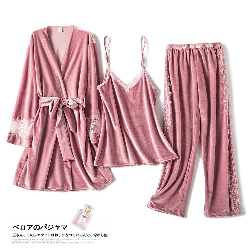 

Pink Autumn Pajamas Set Lace Velour Patchwork 3PCS Sleepwear Women Casual Pyjamas Suit Velvet Sleep Set Soft Home Clothes
