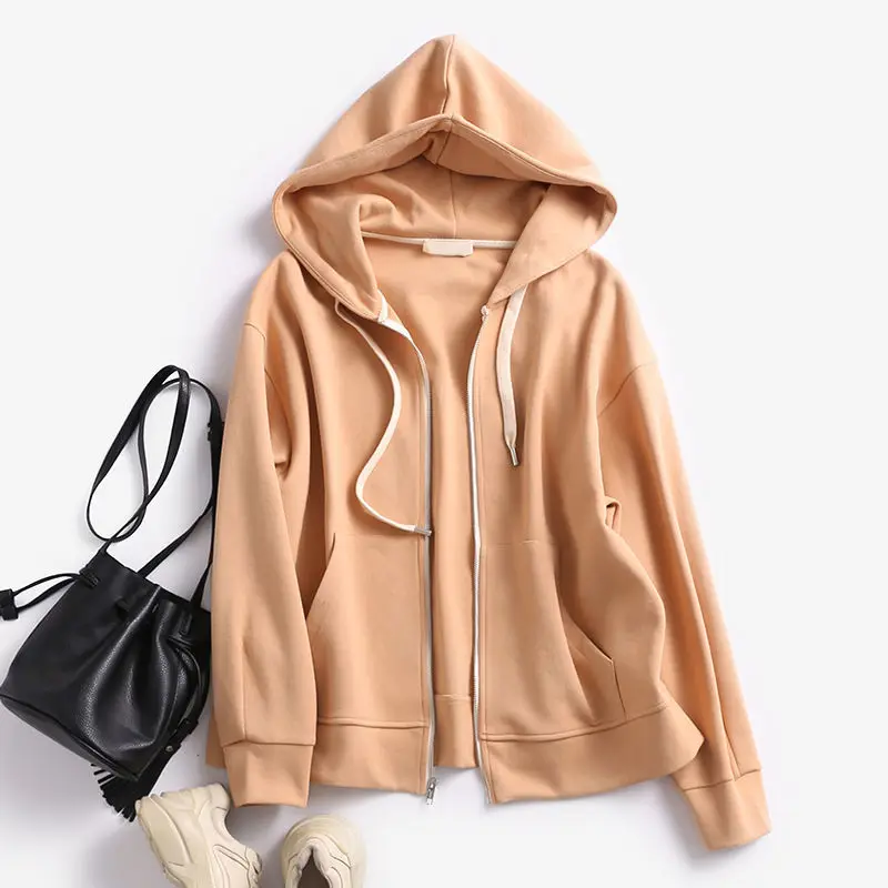 

Women 2021 Spring Fashion Solid Color Hoodie Jackets Female Long Sleeve Streetwear Coats Ladies Solid Color Hooded Overcoat W172