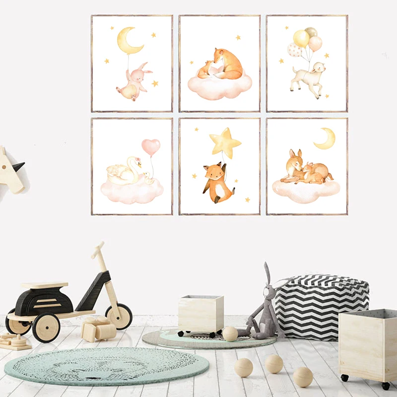 Bear Rabbit Sheep Stars Moon Nursery Wall Art Canvas Painting Nordic Posters And Prints Pictures Girl Boy Kids Room Decor | Дом и сад
