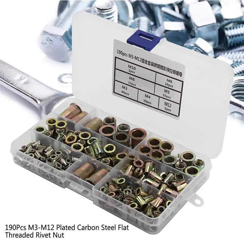 

190PCS Rivet Nut Flat Head Zinc Plated Carbon Steel Threaded Rivet Nut Assortment Kit M3 M4 M5 M6 M8 M10 M12 Flat Head Rivet Nut