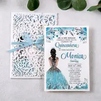 50pcs Blue Invitation Cards White Color Laser Cut Pocket with Ribbon and Pearl for Wedding/Quinceanera/Birthday