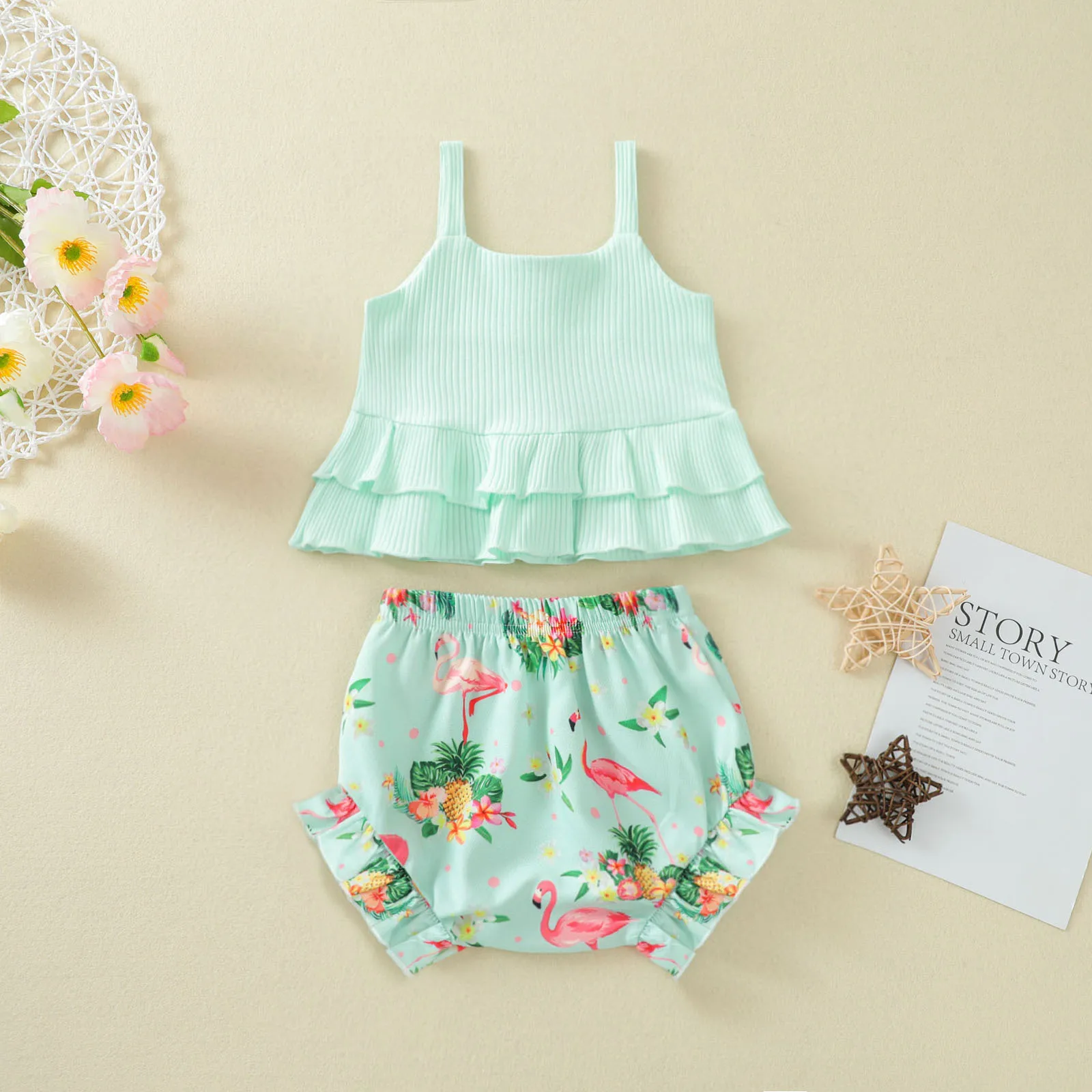 Майка OPPERIAYA детская однотонная без рукавов с U-образным вырезом и оборками 2 шт. |