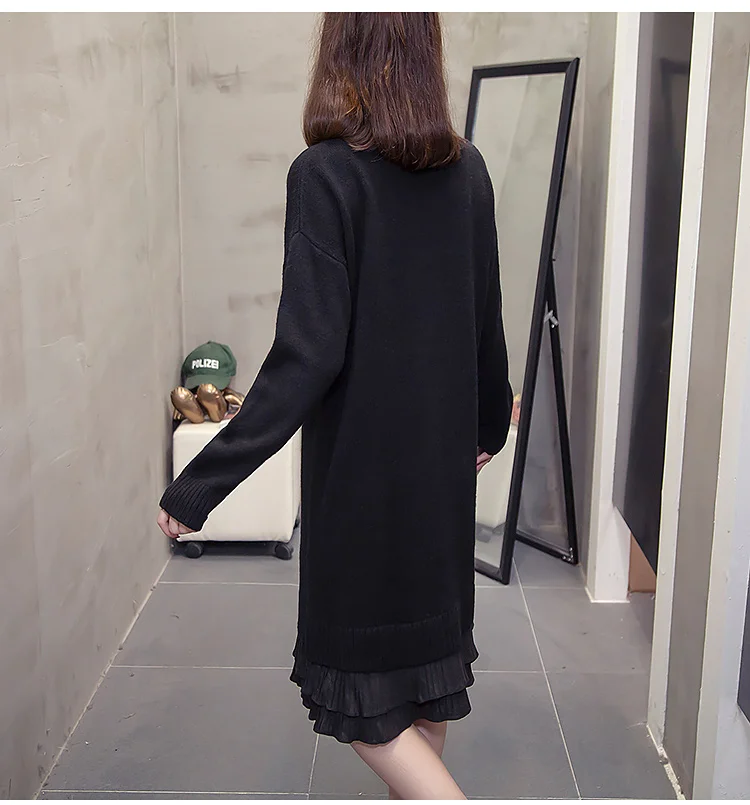 XL-4XL размера плюс, женское вязаное платье с высоким воротом, зима, длинный рукав, пэтчворк, гофрированный женский свитер, теплые платья