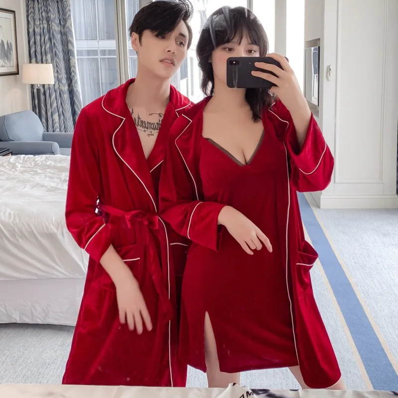 

Утренний халат с длинными рукавами, золотистая бархатная пара на подтяжках, комплект из двух предметов, домашняя одежда, комплекты с халато...