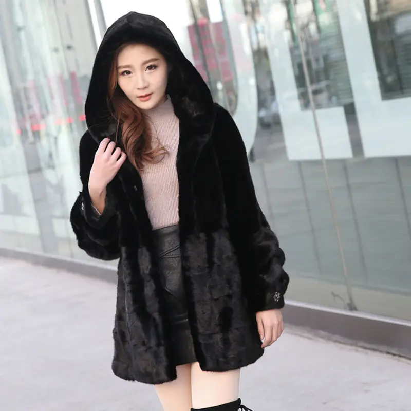 

Winter Coat Women Fashion Mink Fur Coat Female Solid Natural Fur Overcoats Hooded Pockets Artificial mink velvet Fur Outcoat Y31