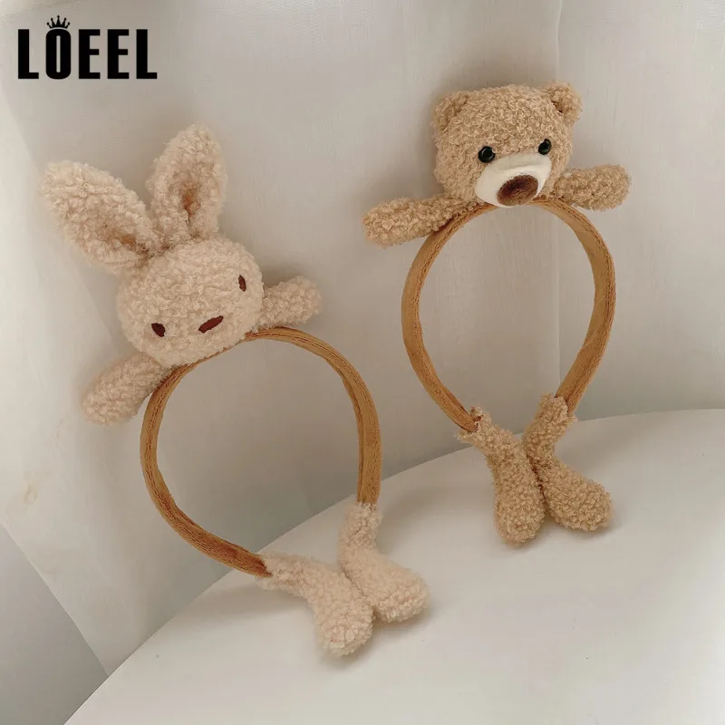 Обруч для волос Женский плюшевый с мультяшным Кроликом медведем однотонный в