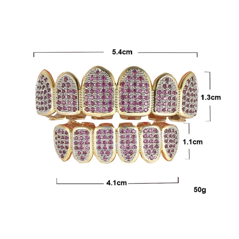 

New Rose Red Micro-Inlaid Zircon Gold-Plated Hip-Hop Braces Zircon Gold-Plated Grillz Hip-Hop Braces