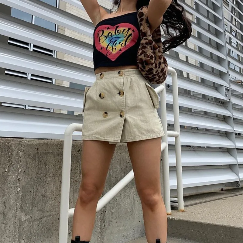 

Indie High Street Vintage Fashion Pocket Button Stitching Mini Skirts 2021 Summer Women Casual Loose Female Skirts Office Lady