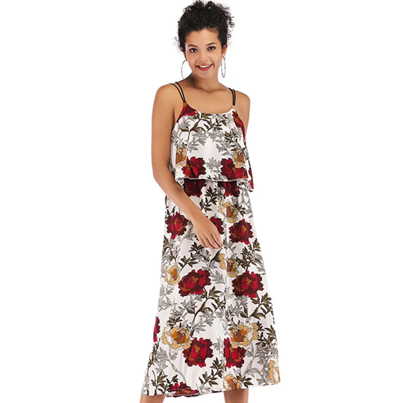 

Donsignet Fashion Women's Dress Casual Hot-selling Round Neck Pullover Floral Print High Waist Lotus Leaf Wrap Chest Strap Dress