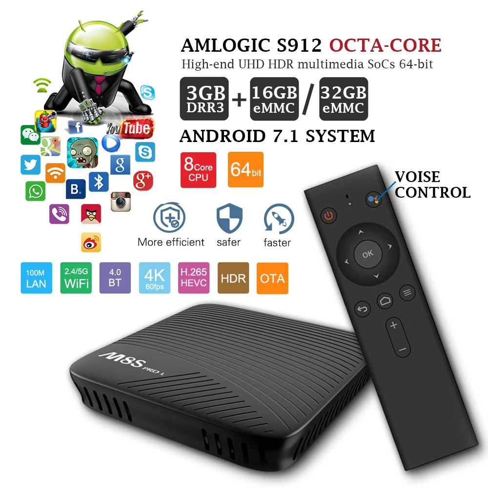 MECOOL M8S PRO L Android 7,1 Amlogic S912 ТВ Ящик Голосовой Управление потоковое 3GB 16GB/32GB Media Player 4K HD Wi-Fi Android тв коробка префикс