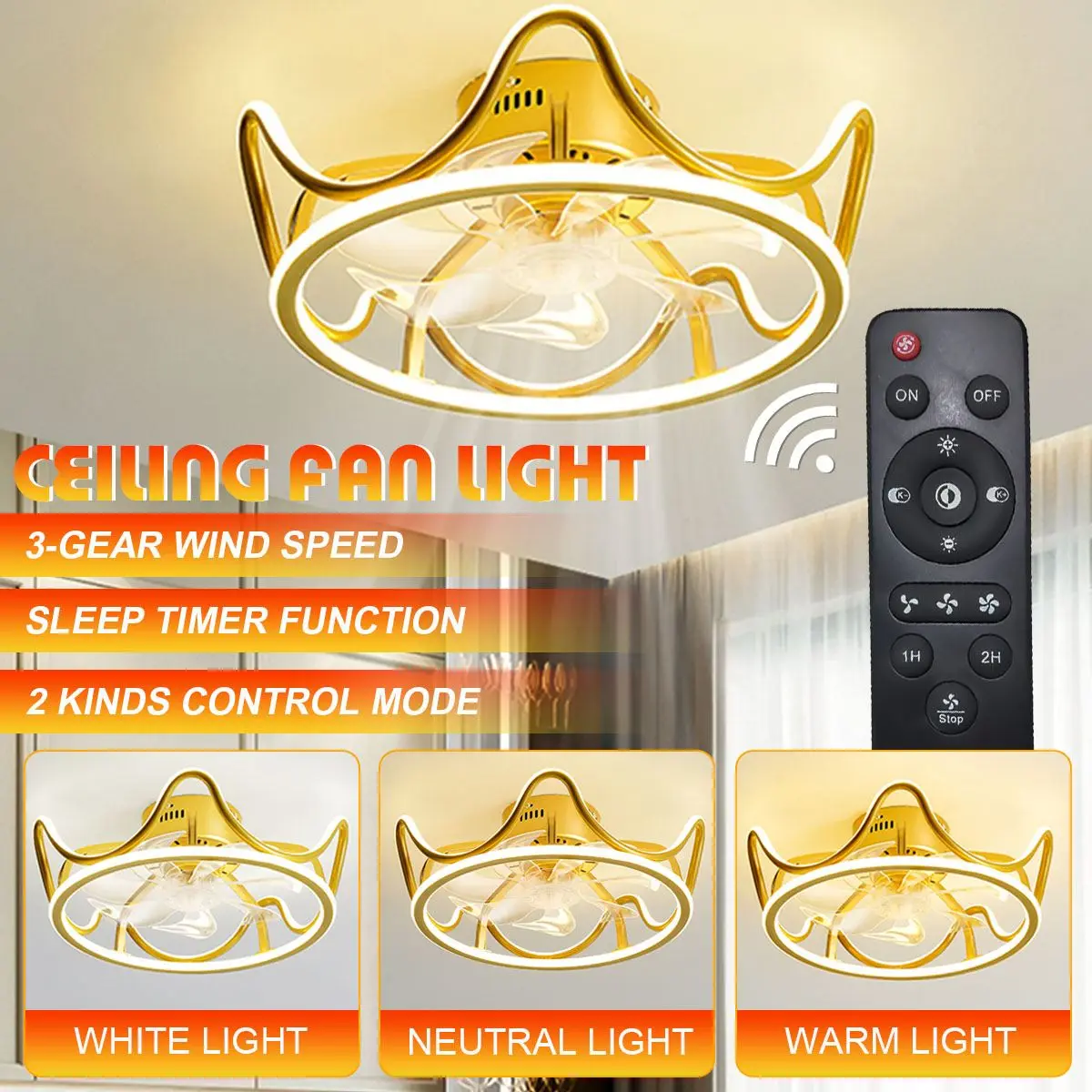 

NEW 46CM Luxury Modern Bedroom Led Smart Ceiling Fan Light Creative Study Diningroom 3 Colors Fan Light With Remote Control