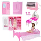 Мебель для кукольного домика, розовый высококачественный шкаф, кровать, подушка, туалетный столик, платье для спальни аксессуары для куклы Барби, детская игрушка