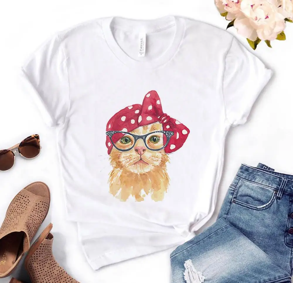 

cat bow Print Women tshirt Cotton Casual Funny t shirt Gift For Lady Yong Girl Top Tee PM-66