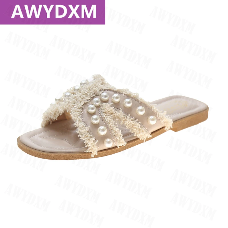 

2021 New Summer Slippers String Bead Fashion Slides Crystal Sweet Sexy Cozy Luxury Dress Sandals Beach Flip Flops Mujer Zapatos