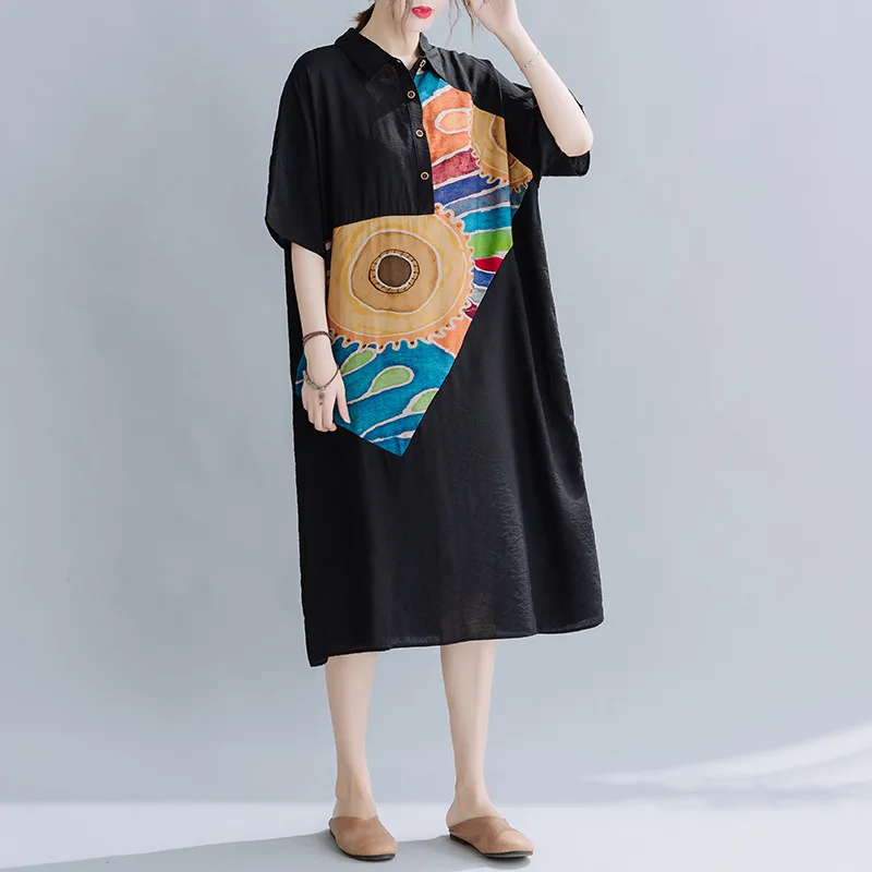 

Plus Size Summer Dress Women's Dress 2021 Stitching Printing Loose Shirt Skirt Mid-length Dress Shirt Half-open Tube Skirt