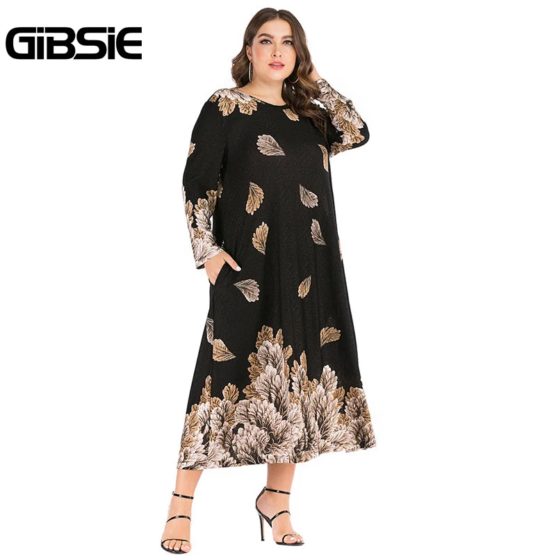 

GIBSIE Autumn Winter Pockets A-line Abaya Dress Plus Size 4xl 5xl 6xl Women Casual O-Neck Long Sleeve Print Maxi Dresses