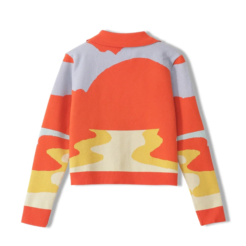

Spring Vintage Colorful Patchwork Women Knitted Cotton Cardigans Center Buttons Long Sleeve Ladies Cropped Sweater Femmes Jumper