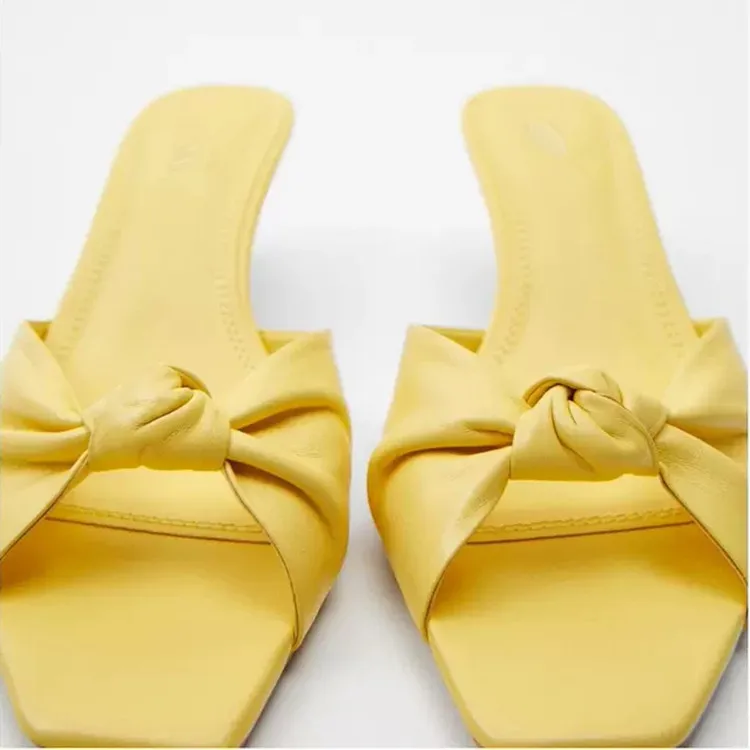 

Butterfly-Knot Shoes Thin Heels Square Toe Med Woman's Slippers Beige Heeled Sandals Slides 2021 Black Soft High Rome Solid Back