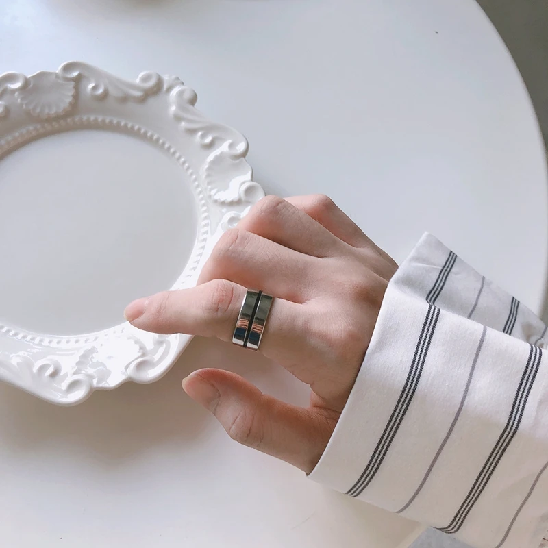 LouLeur Real 925 Silver Sterling Rings Minimalist Line High Quality Wide Ring for Women Casual Office Party Ring Fashion Jewelry