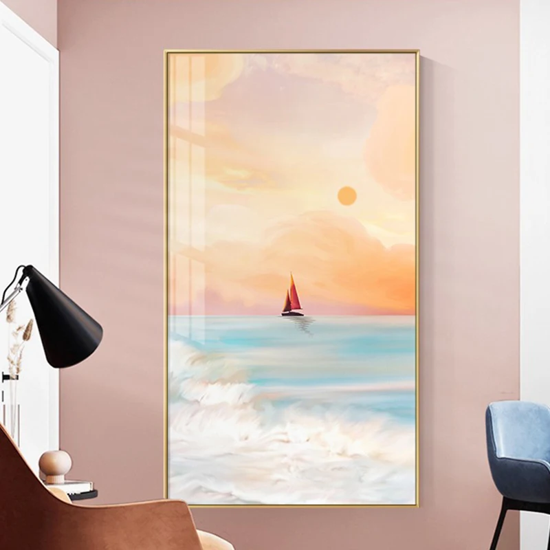 

Scandinavian Seascape Canvas Painting Hot Air Ballon Bird Cloud Landscape Wall Art Poster Nordic Print Modern Picture Home Decor