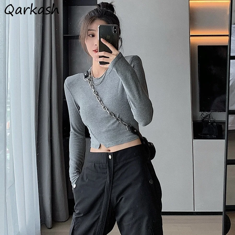 

Women T-shirts Irregular Hem Long Sleeve Crop Tops Elegant Sexy Hot Korean Style All-match Spring Vintage Slender Femme Ins Chic