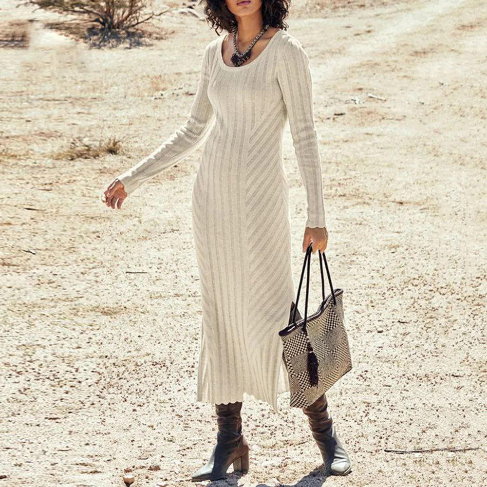 

2021 New Solid Color Fashion Casual Womens Dress Autumn Winter Round Neck Long Sleeve Pullover Long Women Knitting Dress