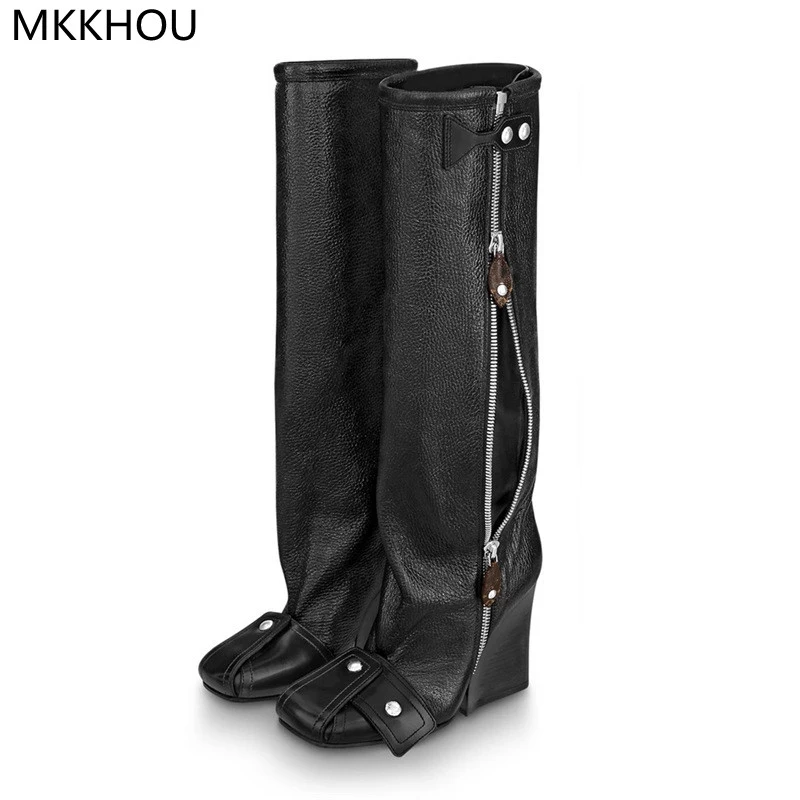MKKHOU Fashion Knee-High Women Boots New High-Quality Leather Wedge Heel Boots Personality Street Punk Style Motorcycle Boots