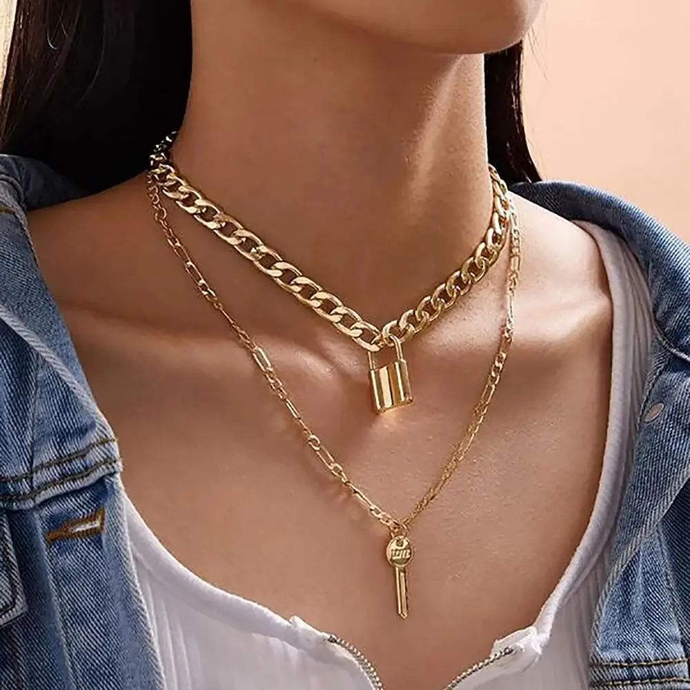 

SHIXIN Punk Chunky Chain With Key/Lock Pendant Necklace for Women Hip Hop Multi Layer Padlock Necklace 2020 Fashion Jewelry Gift