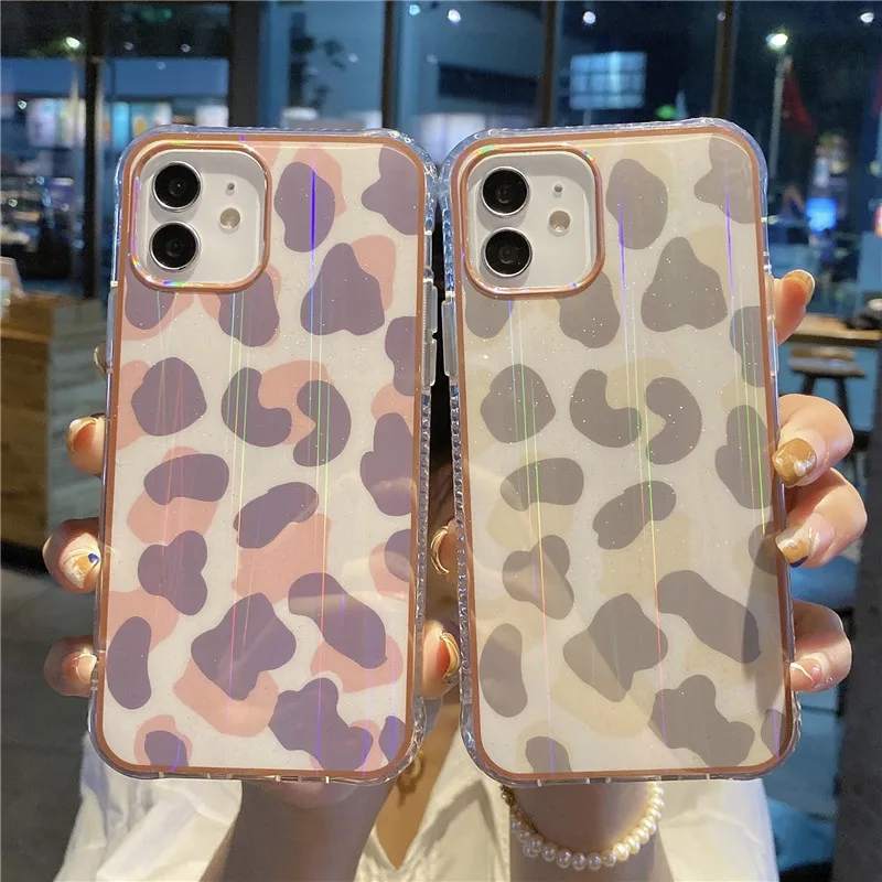 

Phone Case For iPhone 12 11 Pro Max XR X XS Max 8 7 Plus Luxury Leopard Laser Bumper Shockproof Back Cover