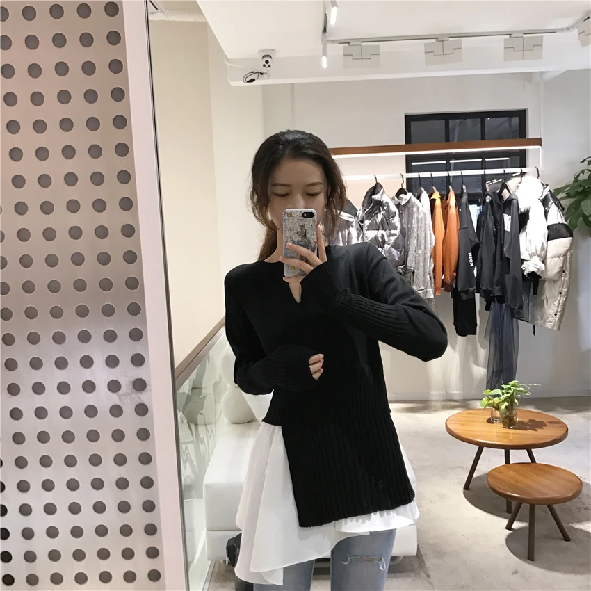 Korobov Autumn Winter New Irregular Women Sweaters Korean Long Sleeve Hit Color Patchwork Sueter Mujer Slim Knit Pullover 79170 | Женская